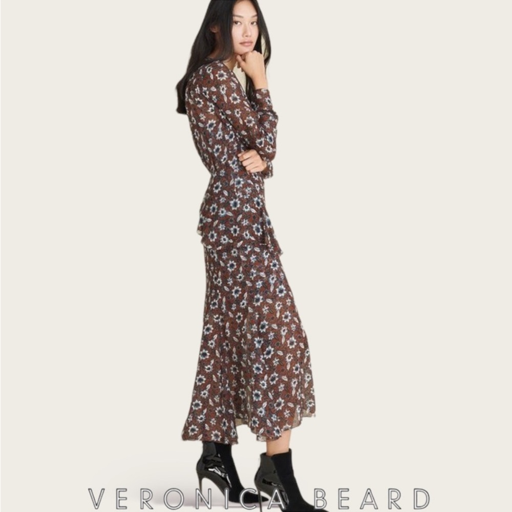 Veronica Beard Brown Floral Ruffled Midi Dress